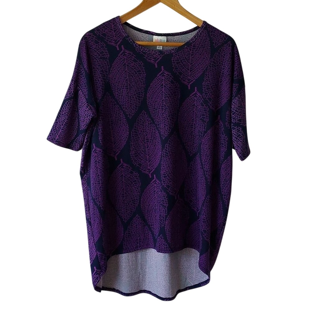LuLaRoe Irma Tunic Top Purple Navy Leaf Print High Low Boho Fall Botanical S